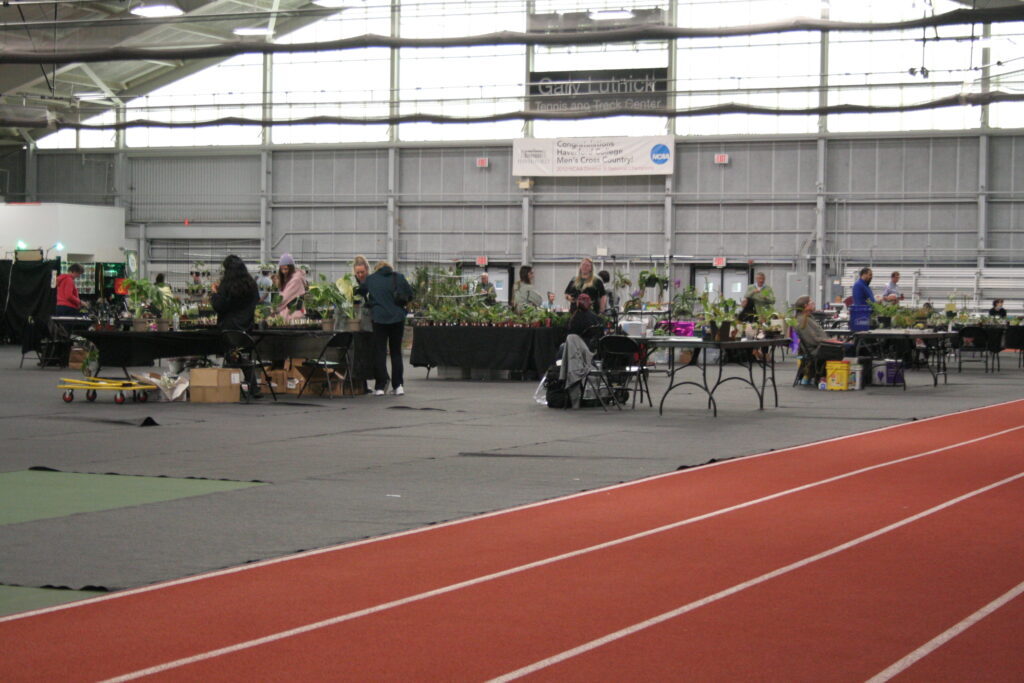 Mid Atlantic Carnivorous Plant Society 2025 carnivorous plant show in the field house at Haverford College in Lancaster, Pennsylvania, USA. Vendors set up tables inside an indoor track arena.
